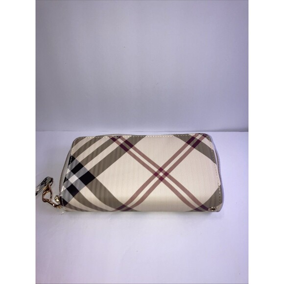 Plaid 2 Compartment Wristlet Beige Brown And Burgundy Plaid - Picture 1 of 5